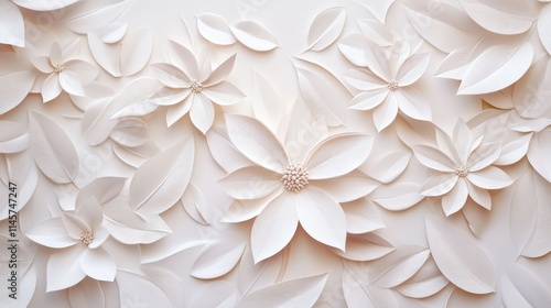 Elegant white paper flowers and leaves in a decorative arrangement for modern design and creative projects.