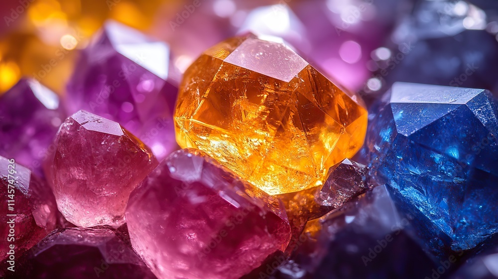 Colorful gems sparkle with intricate facets, creating a mesmerizing display of light and color. Colorful gems sparkle with intricate facets, creating a mesmerizing display of light and color.