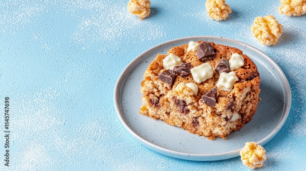 Delicious slice of baked dessert with chocolate and popcorn on a plate. Delicious slice of baked dessert with chocolate and popcorn on a plate.
