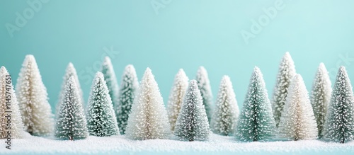 Winter landscape with miniature Christmas trees on a soft blue backdrop creating a festive New Year atmosphere.