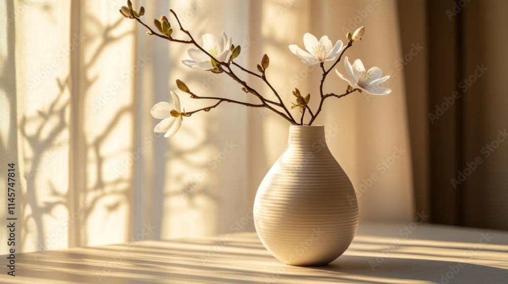 A serene vase with blooming branches casting gentle shadows in soft sunlight. A serene vase with blooming branches casting gentle shadows in soft sunlight.