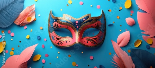 Vibrant paper mask surrounded by colorful confetti and petals on a bright blue background for carnival and festive celebration themes photo