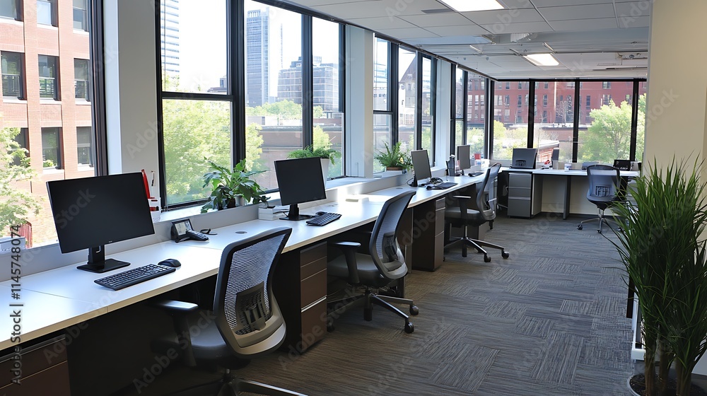 Bright co-working space featuring empty desks, ergonomic chairs, big windows, plants, and a clean, vibrant atmosphere for productivity. Bright co-working space featuring empty desks, ergonomic chairs, big windows, plants, and a clean, vibrant atmosphere for productivity.
