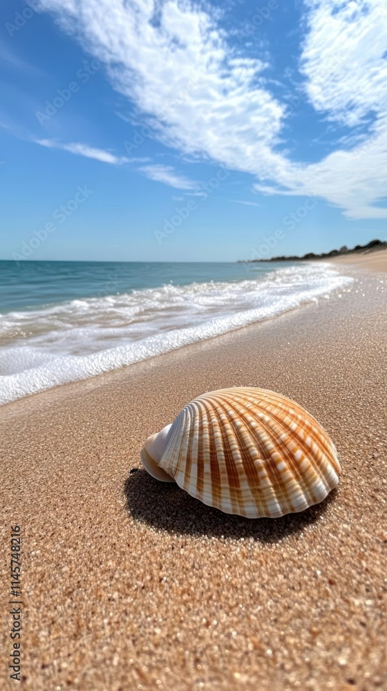 A seashell rests on a sandy beach with gentle waves and a clear blue sky in the background. A seashell rests on a sandy beach with gentle waves and a clear blue sky in the background.