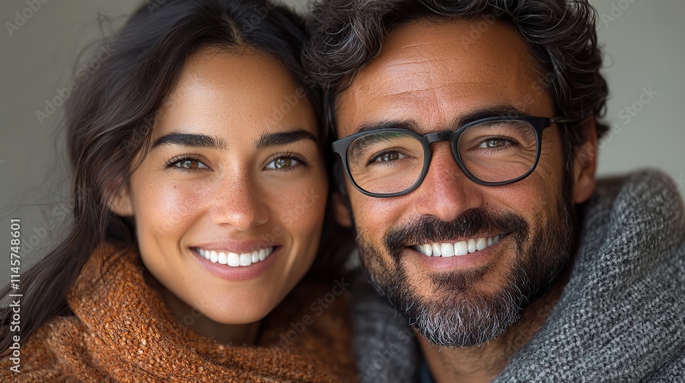 Couple hugging and smiling in a studio portrait. Couple hugging and smiling in a studio portrait.