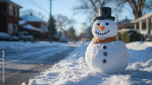 A snowman perched on the snow with snowflakes gently falling around it, creating a cozy and festive atmosphere in a beautiful winter landscape.