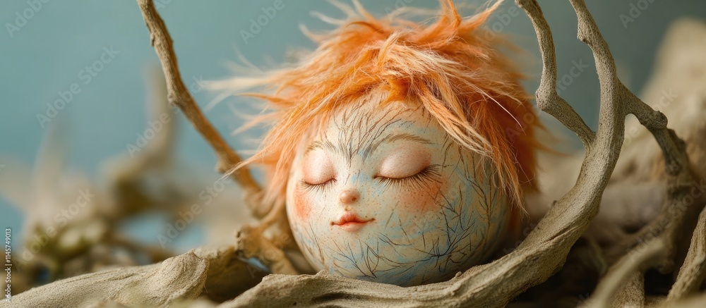 Whimsical Easter egg with hand-painted face and fur-like hair nestled among natural elements, embodying a gentle fairy tale charm. Whimsical Easter egg with hand-painted face and fur-like hair nestled among natural elements, embodying a gentle fairy tale charm.