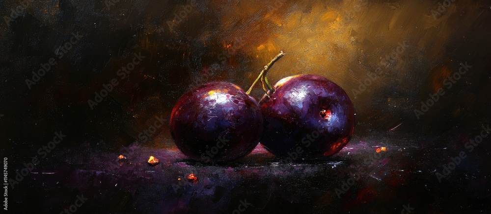 Naklejka premium Plums on dark background showcasing rich colors and texture emphasizing their freshness and allure in a painterly style