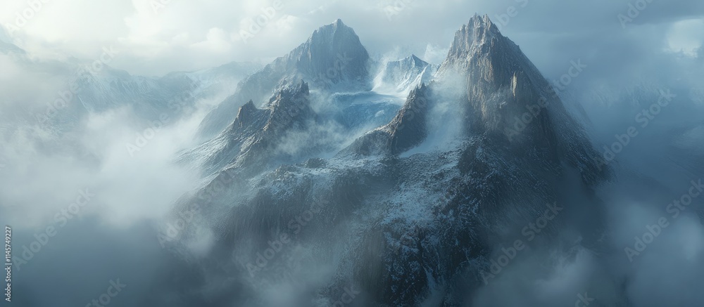 Misty view of Tre Cime di Lavaredo peaks surrounded by clouds in a dramatic alpine landscape during early morning hours Misty view of Tre Cime di Lavaredo peaks surrounded by clouds in a dramatic alpine landscape during early morning hours