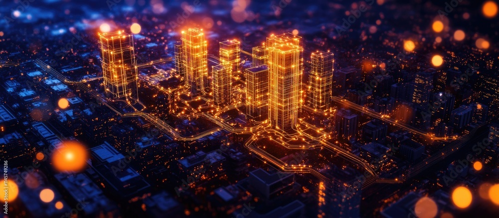 Naklejka premium Electric city skyline illuminated at night showcasing power distribution and electrical engineering concepts in urban environments.