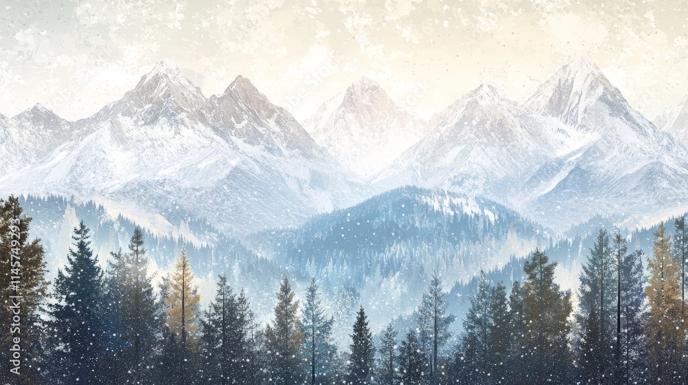 Fototapeta premium Snowy winter mountains vista. Snowy forest and mountain backdrop. Winter nature vector graphic for Christmas design. Hiking concept.