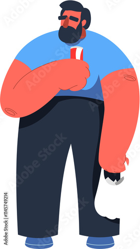 Hand-drawn fat bearded guy illustration. Obesity cartoon character in flat vector style.