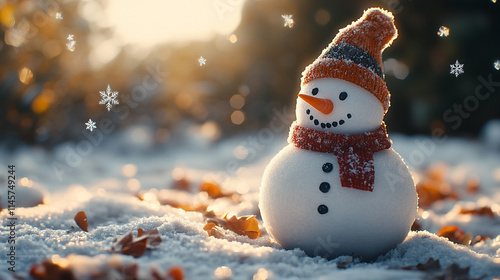 A playful snowman sitting in the snow, with falling snowflakes softly framing the background, creating a heartwarming and magical winter scene.