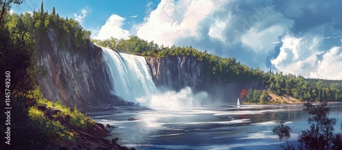 Majestic Montmorency Falls in a Scenic Natural Landscape with Lush Greenery and Clear Blue Skies photo