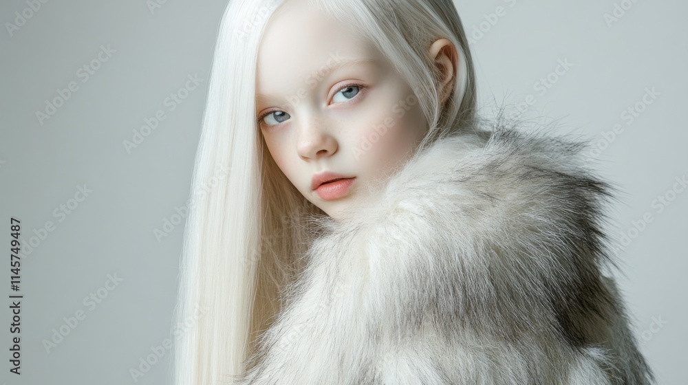 Slavic albino girl with long hair in a fur jacket, posing elegantly for a photo. Ideal for children's fashion campaigns, winter apparel ads, and diversity awareness initiatives Slavic albino girl with long hair in a fur jacket, posing elegantly for a photo. Ideal for children's fashion campaigns, winter apparel ads, and diversity awareness initiatives