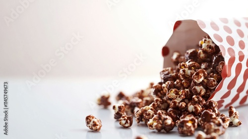 Sweet chocolate flavored popcorns pour out from packages on white background