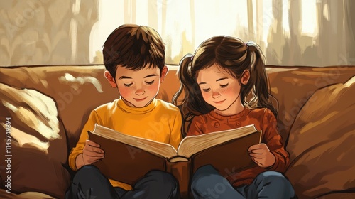 Two children, a brother and sister, a boy and a girl sitting at home on the couch reading a book.