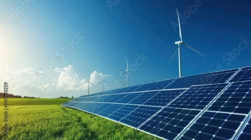 Wind turbines and solar panels on a background of blue sky and green fields symbolizing the use of renewable energy sources