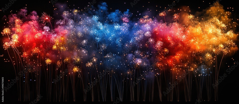Fototapeta premium Colorful fireworks display with defocused effects against a black night sky celebrating the International Fireworks Festival ambiance.