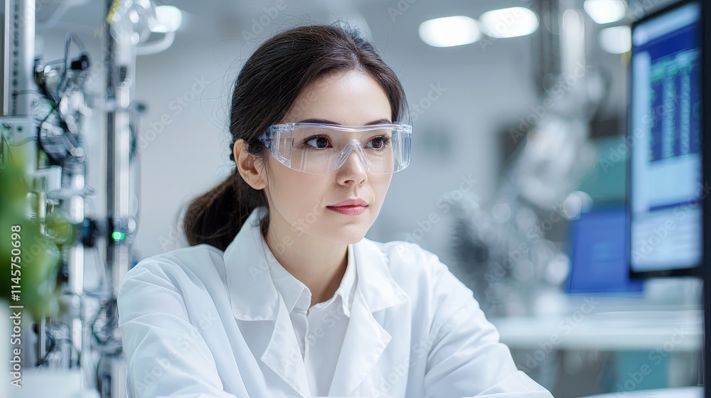 Scientist woman in lab coat using computer. Scientist woman in lab coat using computer.