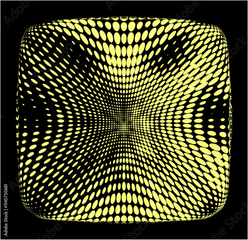 A pulsating halftone dotted streamlined cube of golden color on the surface. The background (as an example) is black. The left sector is lightened. For the logo. Vector.