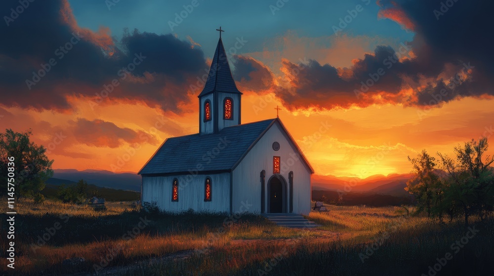 Fototapeta premium Charming church silhouette against a vibrant sunset with dramatic clouds and illuminated windows in a serene rural landscape