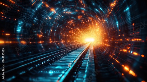Data lines and abstract blur in a tunnel symbolize tech speed, motion, energy, pattern, and dark movement with blue, orange, and warp concept for internet transmission.