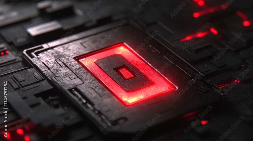 Close-up of a dark metallic surface with intricate circuitry and a glowing red rectangular component. The image evokes a sense of advanced technology and power. Close-up of a dark metallic surface with intricate circuitry and a glowing red rectangular component. The image evokes a sense of advanced technology and power.