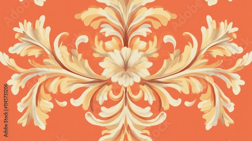 Ornate floral pattern on peach orange backdrop for elegant design projects and textile applications