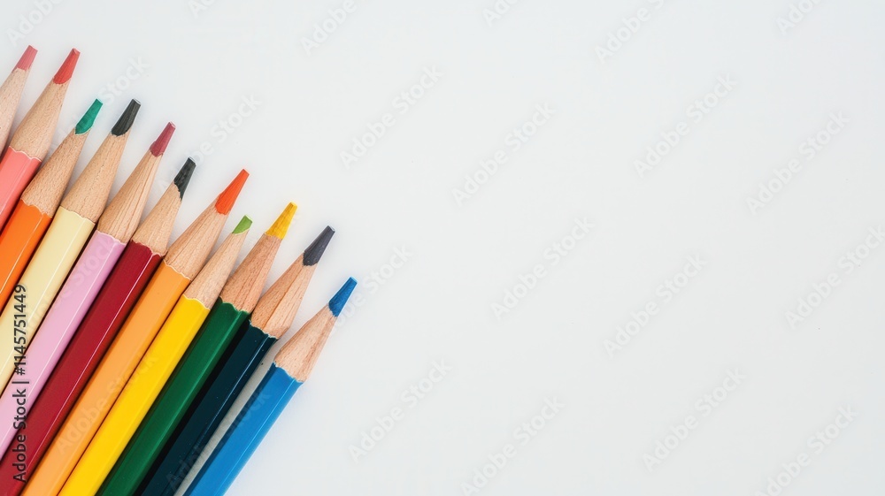 A colorful array of sharpened pencils lined up against a light background, ready for creative expression and artistic projects. A colorful array of sharpened pencils lined up against a light background, ready for creative expression and artistic projects.
