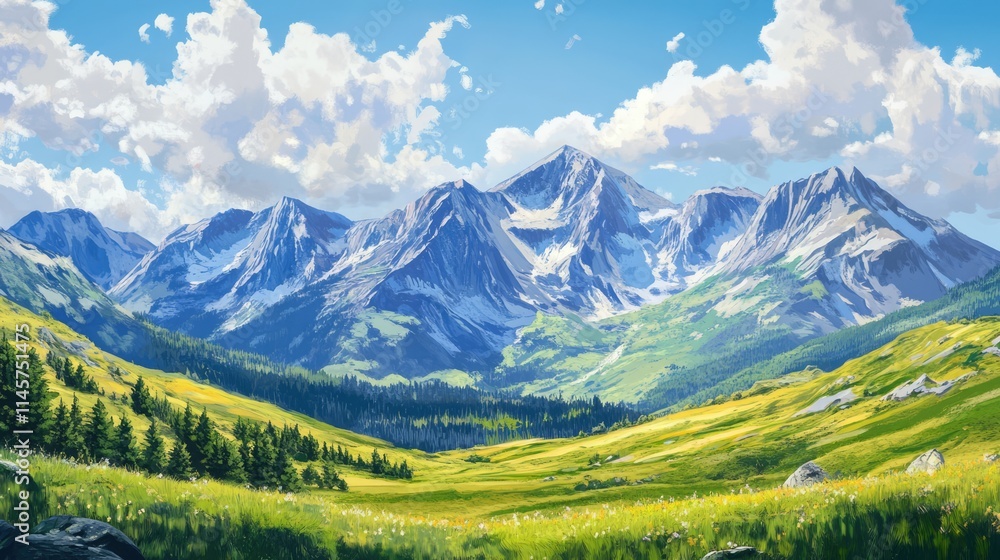 Fototapeta premium Mountain landscape with lush greenery under a bright sky showcasing scenic beauty and tranquility in summer.