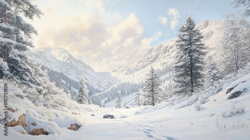 Marmot in a snowy valley surrounded by majestic mountains and evergreen trees under a blue sky with soft clouds