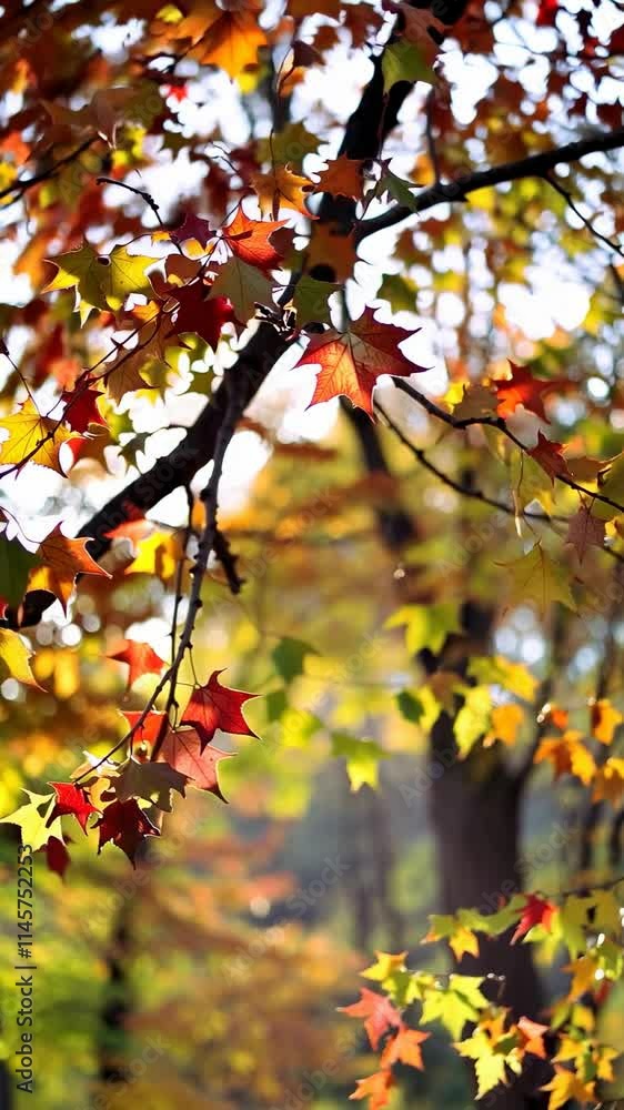 Autumn leaves on tree branch with sunlight shining through, vertical footage Autumn leaves on tree branch with sunlight shining through, vertical footage