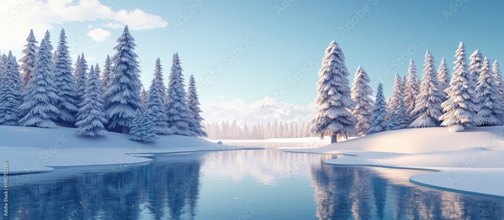 A serene winter landscape with snow-covered trees and a calm river reflecting the sky. A serene winter landscape with snow-covered trees and a calm river reflecting the sky.