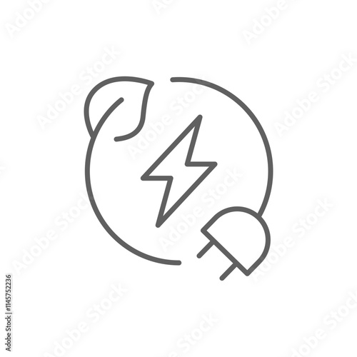 Green eco energy icon. Simple outline style. Clean power, transition, lightning in circle with plant leaf and plug, renewable concept. Thin line symbol. Vector illustration isolated. Editable stroke.