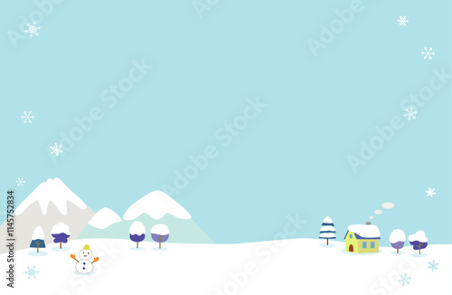 山と小さな家とゆきだるまの冬の背景イラスト