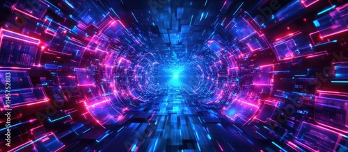 Futuristic data migration concept with vibrant neon colors illustrating the transfer and movement of digital files through technology