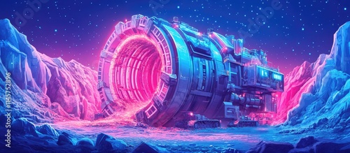 Futuristic tunnel boring machine in a vibrant neon landscape showcasing advanced engineering and underground construction technology