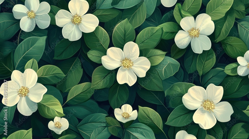 Obraz premium A lush arrangement of white flowers and green leaves, creating a serene botanical pattern.