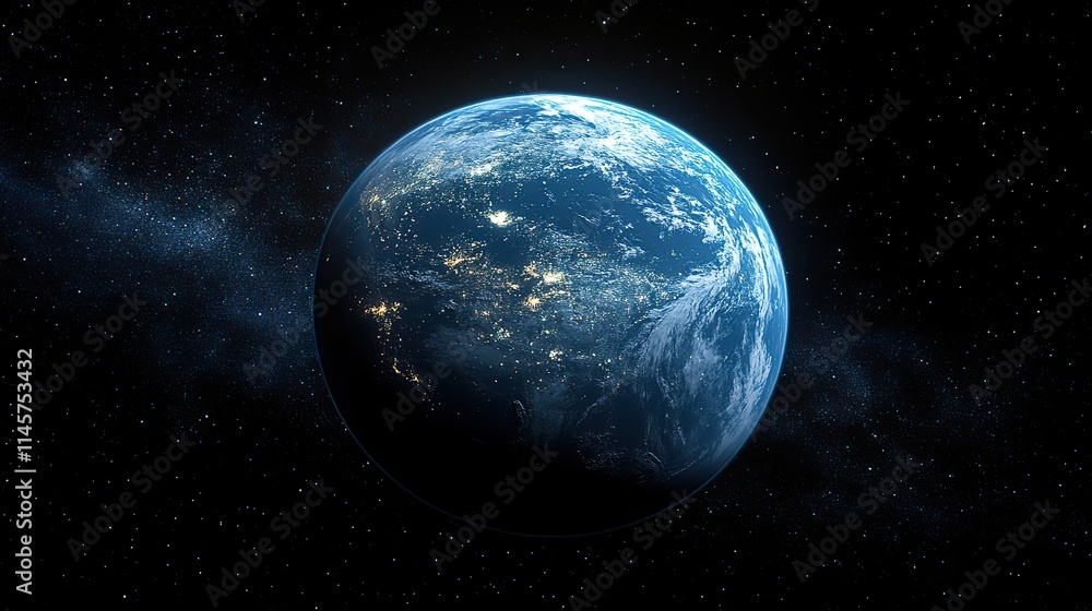 Obraz premium Earth shines brightly in the darkness of space, with city lights glowing, highlighting the contrast between urban development and the vast universe.
