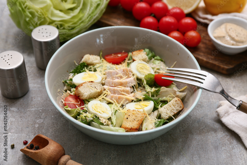 Bowl with tasty chicken Caesar salad and ingredients on grey background, closeup Bowl with tasty chicken Caesar salad and ingredients on grey background, closeup