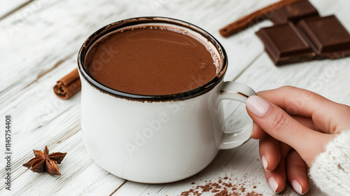 Hot chocolate with cinnamon in an enamel mug on a white wooden background. Hot cozy drink for the winter season. photo