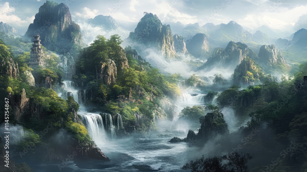 Majestic river and waterfall landscape nestled among misty mountains showcasing tranquil natural beauty and serene wilderness. Majestic river and waterfall landscape nestled among misty mountains showcasing tranquil natural beauty and serene wilderness.
