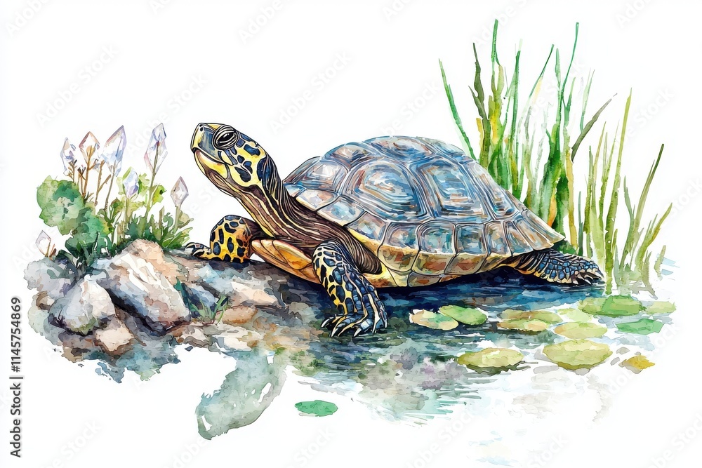 A beautifully illustrated turtle resting by a serene pond surrounded by greenery and flowers, showcasing nature's tranquility. A beautifully illustrated turtle resting by a serene pond surrounded by greenery and flowers, showcasing nature's tranquility.