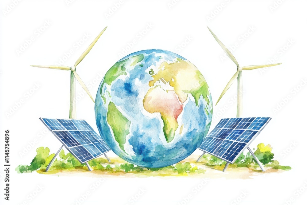 A bright watercolor illustration depicting Earth with wind turbines and solar panels, symbolizing renewable energy and sustainability. A bright watercolor illustration depicting Earth with wind turbines and solar panels, symbolizing renewable energy and sustainability.