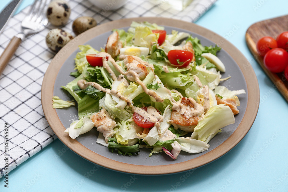 Plate with tasty chicken Caesar salad on blue background Plate with tasty chicken Caesar salad on blue background