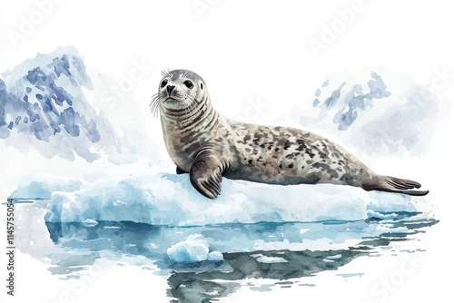 A charming watercolor depiction of a seal resting on an icy surface, set amidst a tranquil, nature-inspired backdrop. photo