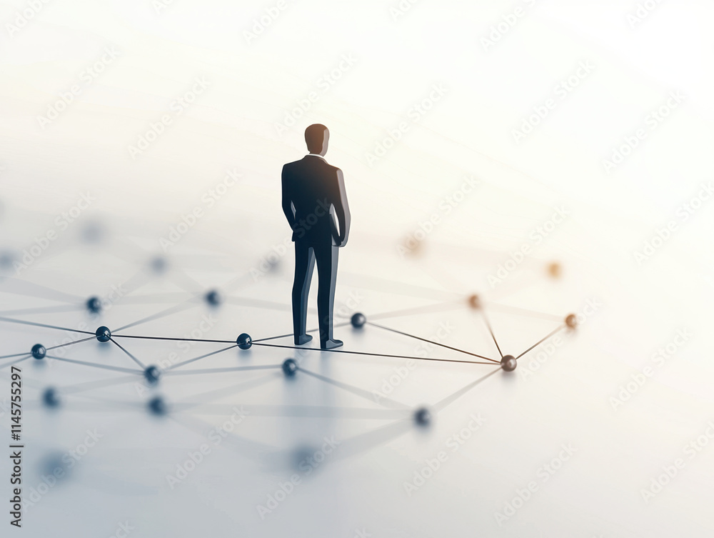 Businessman showing network collaboration. Standing figure network of connections, symbolizing Businessman showing network collaboration. Standing figure network of connections, symbolizing