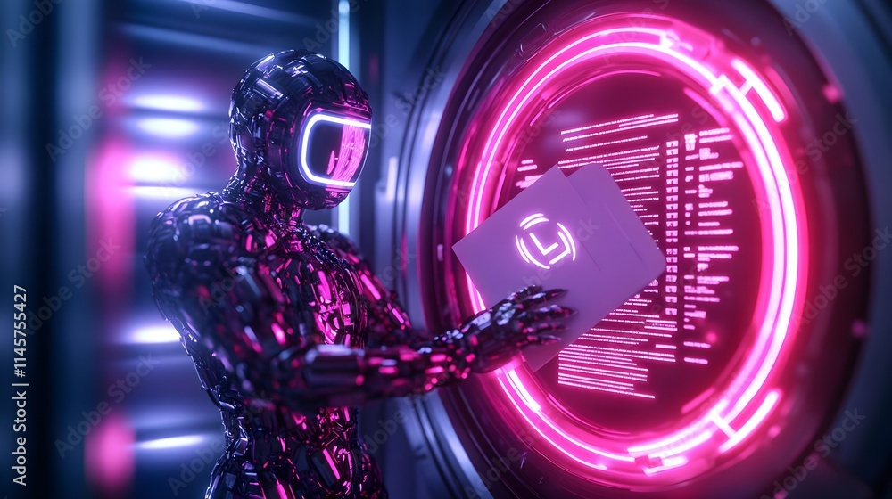 Fototapeta premium futuristic robot & neon data interface - neon lighting