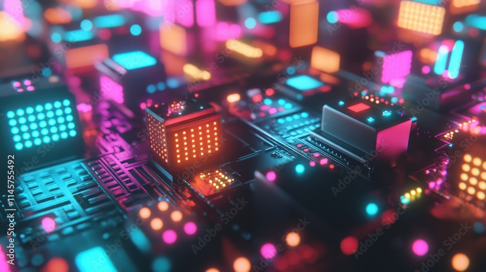 A vibrant close-up of a futuristic circuit board with glowing components in various colors. The scene evokes a sense of advanced technology and cyberpunk aesthetics. A vibrant close-up of a futuristic circuit board with glowing components in various colors. The scene evokes a sense of advanced technology and cyberpunk aesthetics.